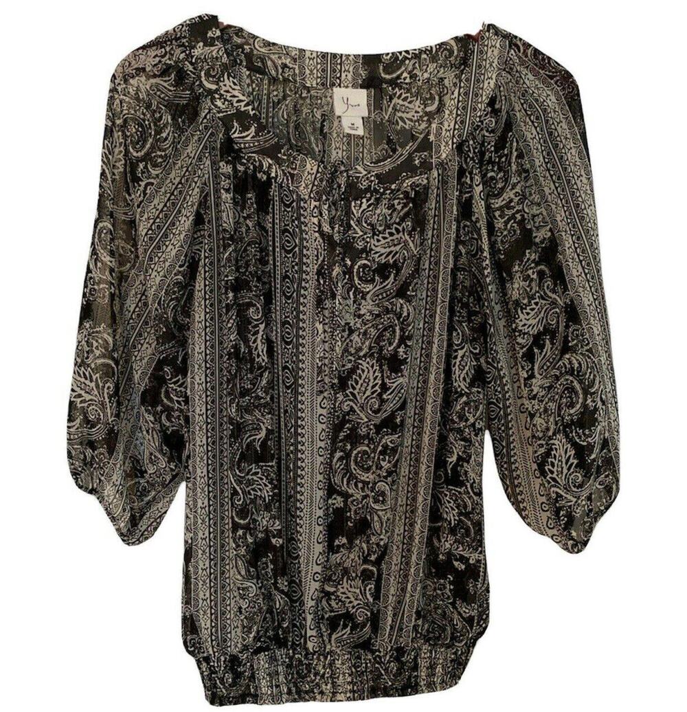 YVOS black And Off White sheer peasant 3/4 Sleeve Gathered Bottom Blouse M